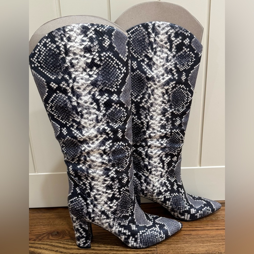 Marc Fisher Black and Gray Snake Print Heeled Boots